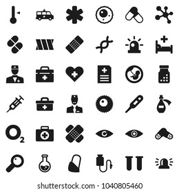 Flat vector icon set - thermometer vector, flask, pills, molecule, first aid kit, oxygen, doctor bag, ambulance star, heart cross, vial, eye, dna, magnifier, pregnancy, syringe, patch, bottle, ovule