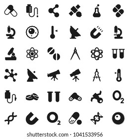 Flat vector icon set - thermometer vector, drawing compass, atom, telescope, microscope, magnet, pills, molecule, oxygen, satellite, antenna, flask, vial, dna, drop counter, ovule