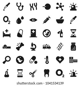 Flat vector icon set - thermometer vector, pills, molecule, heart cross, oxygen, flask, eye, magnifier, pregnancy, insemination, syringe, dropper, crutches, scissors, broken bone, sand clock, bottle