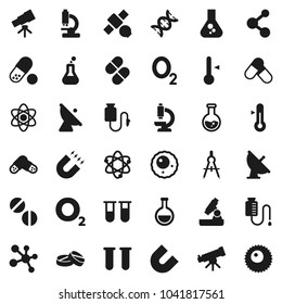 Flat vector icon set - thermometer vector, drawing compass, atom, telescope, microscope, magnet, flask, pills, molecule, oxygen, satellite, antenna, vial, dna, drop counter, ovule