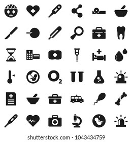 Flat vector icon set - thermometer vector, flask, heart pulse, molecule, first aid kit, oxygen, doctor bag, cross, vial, magnifier, pregnancy, insemination, crutches, scalpel, broken bone, mortar