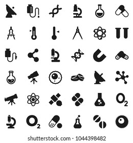 Flat vector icon set - thermometer vector, drawing compass, atom, telescope, microscope, magnet, flask, pills, molecule, oxygen, satellite, antenna, vial, dna, drop counter, ovule