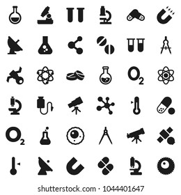 Flat vector icon set - thermometer vector, drawing compass, atom, telescope, microscope, magnet, flask, pills, molecule, oxygen, satellite, antenna, vial, drop counter, ovule