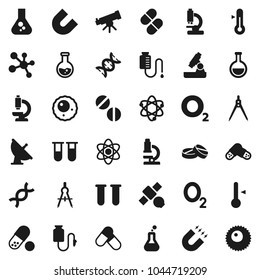 Flat vector icon set - thermometer vector, drawing compass, atom, telescope, microscope, magnet, flask, pills, molecule, oxygen, satellite, antenna, vial, dna, drop counter, ovule