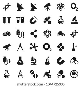 Flat vector icon set - thermometer vector, drawing compass, atom, telescope, microscope, magnet, flask, pills, molecule, oxygen, satellite, antenna, vial, dna, drop counter, ovule