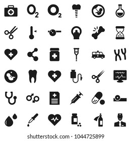 Flat vector icon set - thermometer vector, heart pulse, pills vial, molecule, cross, first aid kit, oxygen, flask, gender sign, pregnancy, syringe, dropper, crutches, scissors, broken bone, bottle