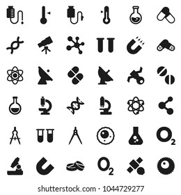 Flat vector icon set - thermometer vector, drawing compass, atom, telescope, microscope, magnet, flask, pills, molecule, oxygen, satellite, antenna, vial, dna, drop counter, ovule
