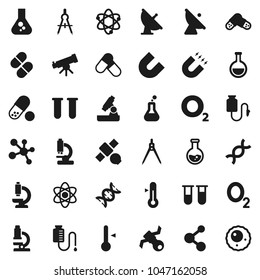 Flat vector icon set - thermometer vector, drawing compass, atom, telescope, microscope, magnet, flask, pills, molecule, oxygen, satellite, antenna, vial, dna, drop counter, ovule