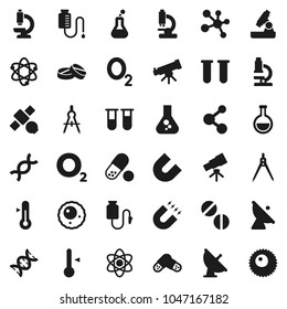 Flat vector icon set - thermometer vector, drawing compass, atom, telescope, microscope, magnet, flask, pills, molecule, oxygen, satellite, antenna, vial, dna, drop counter, ovule