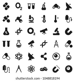 Flat vector icon set - thermometer vector, drawing compass, atom, telescope, microscope, magnet, flask, pills, molecule, oxygen, satellite, antenna, vial, dna, drop counter, ovule