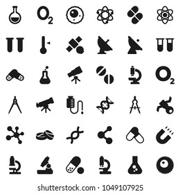 Flat vector icon set - thermometer vector, drawing compass, atom, telescope, microscope, magnet, flask, pills, molecule, oxygen, satellite, antenna, vial, dna, drop counter, ovule