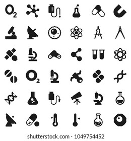 Flat vector icon set - thermometer vector, drawing compass, atom, telescope, microscope, magnet, flask, pills, molecule, oxygen, satellite, antenna, vial, dna, drop counter, ovule