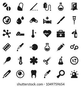 Flat vector icon set - thermometer vector, flask, heart pulse, molecule, doctor bag, ambulance star, gender sign, magnifier, pregnancy, insemination, syringe, dropper, crutches, scissors, scalpel