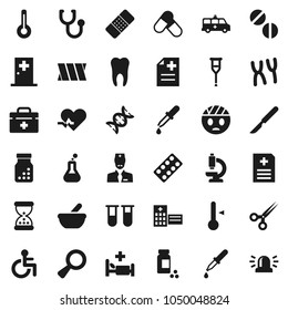 Flat vector icon set - thermometer vector, pills vial, doctor bag, disabled, heart pulse, flask, dna, magnifier, dropper, crutches, scissors, scalpel, sand clock, patch, stethoscope, bottle, blister
