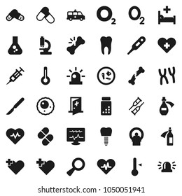 Flat vector icon set - thermometer vector, flask, heart pulse, pills vial, cross, oxygen, magnifier, syringe, crutches, scalpel, broken bone, microscope, microbs, chromosomes, hospital bed, potion