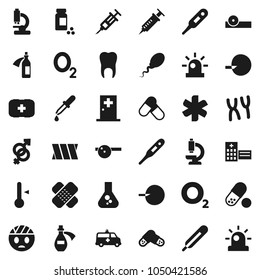 Flat vector icon set - thermometer vector, flask, pills vial, first aid kit, oxygen, ambulance star, gender sign, insemination, syringe, dropper, patch, eye doctor hat, microscope, chromosomes, head