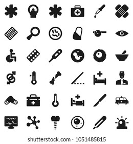 Flat vector icon set - thermometer vector, molecule, first aid kit, doctor bag, ambulance star, disabled, eye, gender sign, magnifier, pregnancy, dropper, scalpel, broken bone, patch, pills, blister