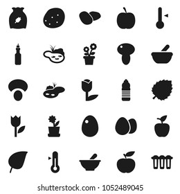 Flat vector icon set - thermometer vector, cereal, egg, mushroom, potato, oil, apple fruit, leaf, diet, water bottle, tulip, mortar, pond, flower in pot, filter