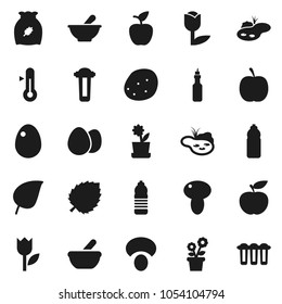 Flat vector icon set - thermometer vector, cereal, egg, mushroom, potato, oil, apple fruit, leaf, diet, water bottle, tulip, mortar, pond, flower in pot, filter