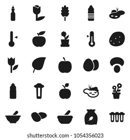 Flat vector icon set - thermometer vector, cereal, egg, mushroom, potato, oil, apple fruit, leaf, diet, water bottle, tulip, mortar, pond, flower in pot, filter