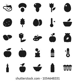Flat vector icon set - thermometer vector, cereal, egg, mushroom, potato, oil, apple fruit, diet, water bottle, tulip, mortar, pond, flower in pot, filter