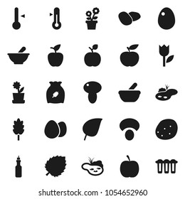 Flat vector icon set - thermometer vector, cereal, egg, mushroom, potato, oil, apple fruit, leaf, diet, tulip, mortar, pond, flower in pot, water filter