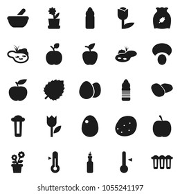 Flat vector icon set - thermometer vector, cereal, egg, mushroom, potato, oil, apple fruit, leaf, diet, water bottle, tulip, mortar, pond, flower in pot, filter