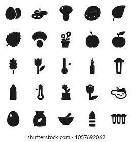 Flat vector icon set - thermometer vector, cereal, egg, mushroom, potato, oil, leaf, diet, water bottle, tulip, mortar, pond, flower in pot, filter
