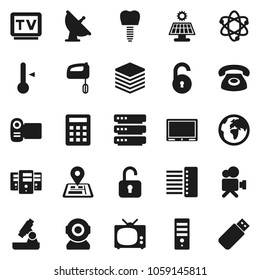 Flat vector icon set - thermometer vector, atom, microscope, navigator, earth, satellite antenna, tv, video camera, tooth implant, big data, server, hub, unlock, solar panel, phone, calculator, web