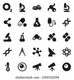 Flat vector icon set - thermometer vector, drawing compass, atom, telescope, microscope, flask, pills, molecule, oxygen, satellite, antenna, dna, drop counter, ovule