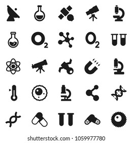 Flat vector icon set - thermometer vector, atom, telescope, microscope, magnet, flask, pills, molecule, oxygen, satellite, antenna, vial, dna, ovule