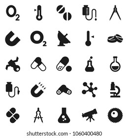 Flat vector icon set - thermometer vector, drawing compass, telescope, microscope, magnet, flask, pills, molecule, oxygen, satellite, antenna, drop counter, ovule