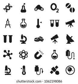 Flat vector icon set - thermometer vector, drawing compass, atom, telescope, microscope, magnet, flask, molecule, oxygen, satellite, antenna, vial, dna, pills, drop counter, ovule