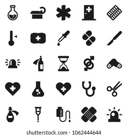 Flat vector icon set - thermometer vector, flask, heart cross, first aid kit, ambulance star, gender sign, dropper, crutches, scissors, scalpel, sand clock, patch, stethoscope, pills, blister, siren
