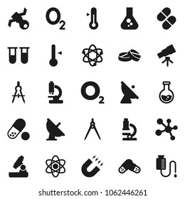 Flat vector icon set - thermometer vector, drawing compass, atom, telescope, microscope, magnet, flask, pills, molecule, oxygen, satellite, antenna, vial, drop counter