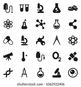 Flat vector icon set - thermometer vector, drawing compass, atom, telescope, microscope, flask, pills, molecule, oxygen, satellite, vial, dna, drop counter, ovule