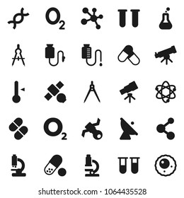 Flat vector icon set - thermometer vector, drawing compass, atom, telescope, microscope, pills, molecule, oxygen, satellite, antenna, flask, vial, dna, drop counter, ovule