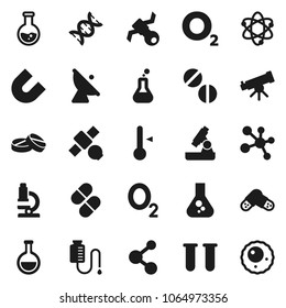 Flat vector icon set - thermometer vector, atom, telescope, microscope, magnet, flask, molecule, oxygen, satellite, antenna, vial, dna, pills, drop counter, ovule
