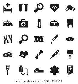 Flat vector icon set - thermometer vector, heart pulse, first aid kit, ambulance star, vial, eye, magnifier, dropper, crutches, broken bone, pills, doctor hat, chromosomes, hospital bed, bandage