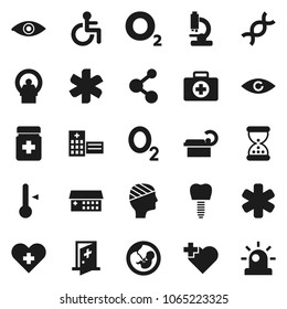 Flat vector icon set - thermometer vector, molecule, heart cross, first aid kit, oxygen, ambulance star, disabled, eye, dna, pregnancy, sand clock, pills bottle, microscope, hospital building, siren