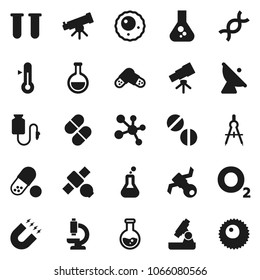 Flat vector icon set - thermometer vector, drawing compass, telescope, microscope, magnet, flask, pills, molecule, oxygen, satellite, antenna, vial, dna, drop counter, ovule