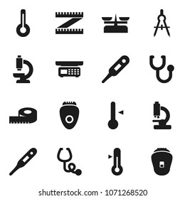 Flat vector icon set - thermometer vector, drawing compass, measuring, stethoscope, microscope, store scales, epilator