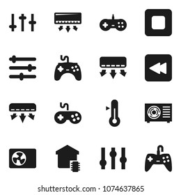 Flat vector icon set - thermometer vector, gamepad, settings, stop button, backward, equalizer, air conditioner, ari condition, smart home