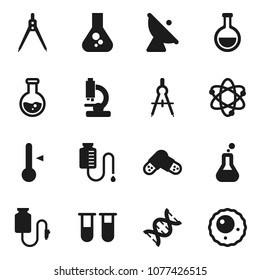 Flat vector icon set - thermometer vector, drawing compass, atom, flask, satellite antenna, vial, dna, pills, microscope, drop counter, ovule