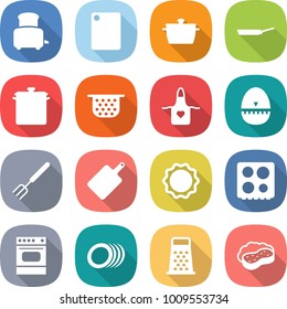 flat vector icon set - toaster vector, cutting board, pan, colander, apron, egg timer, big fork, induction oven, hob, plates, grater, sponge with foam