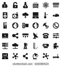 Flat vector icon set - toaster vector, thermometer, atom, table lamp, world, flask, laptop graph, molecule, earth, radio, satellitie, video camera, notebook pc, social media, speaker, network server