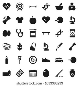 Flat vector icon set - toaster vector, egg, diet, heart pulse, punching bag, snickers, t shirt, skateboard, target, sports nutrition, calendar, fitness mat, cereals, hoop, dna, insemination, dropper