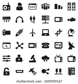 Flat vector icon set - toaster vector, microwave oven, microscope, table lamp, notebook pc, support, sorting, satellite antenna, radio, satellitie, tv, remote control, headphones, classic phone, rca