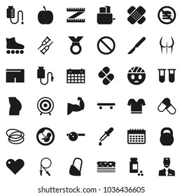 Flat vector icon set - toaster vector, diet, measuring, pills vial, weight, jump rope, muscule hand, buttocks, shorts, t shirt, roller Skates, skateboard, target, medal, calendar, breads, hoop, head