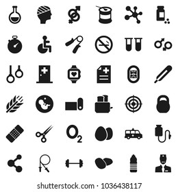 Flat vector icon set - toaster vector, egg, potato, barbell, stopwatch, pills vial, weight, jump rope, hand trainer, target, sports nutrition, molecule, heart monitor, water bottle, fitness mat